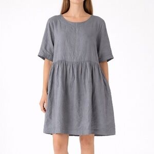 Len Ok Grey 100% Linen Dress with Short Sleeves and Pockets size XL